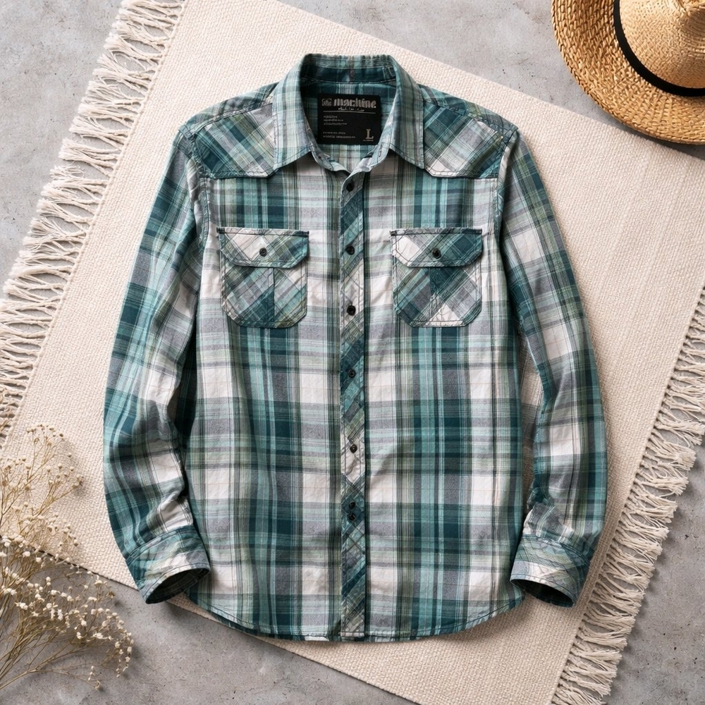 Machine Green Plaid Casual Button Down Shirt